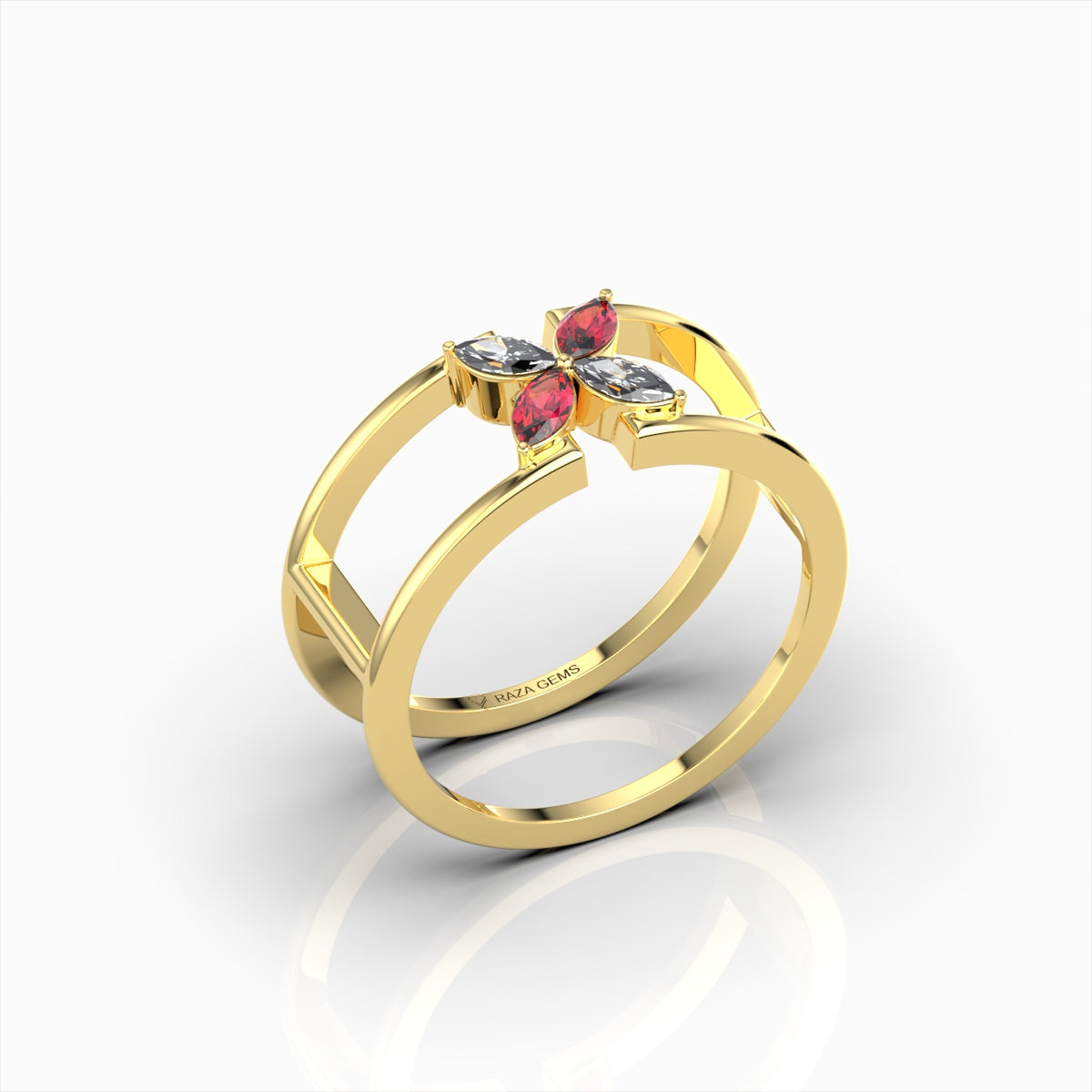 Ottilie - Open Double Band Ruby & Moissanite Blossom Ring in 18K Solid