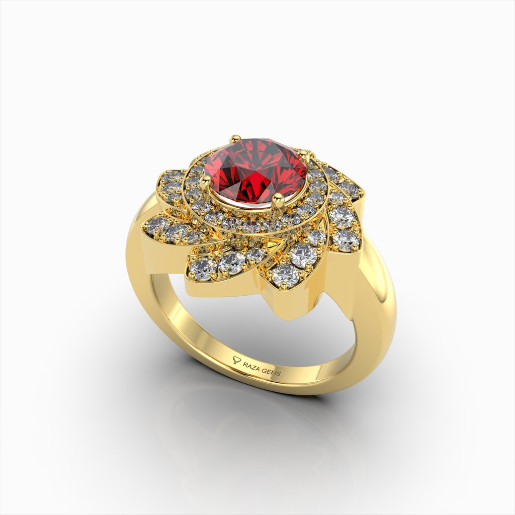 Rosie - 18K Gold Floral Lotus Ruby Ring with Moissanite Halo | Available in Yellow, White & Rose Gold