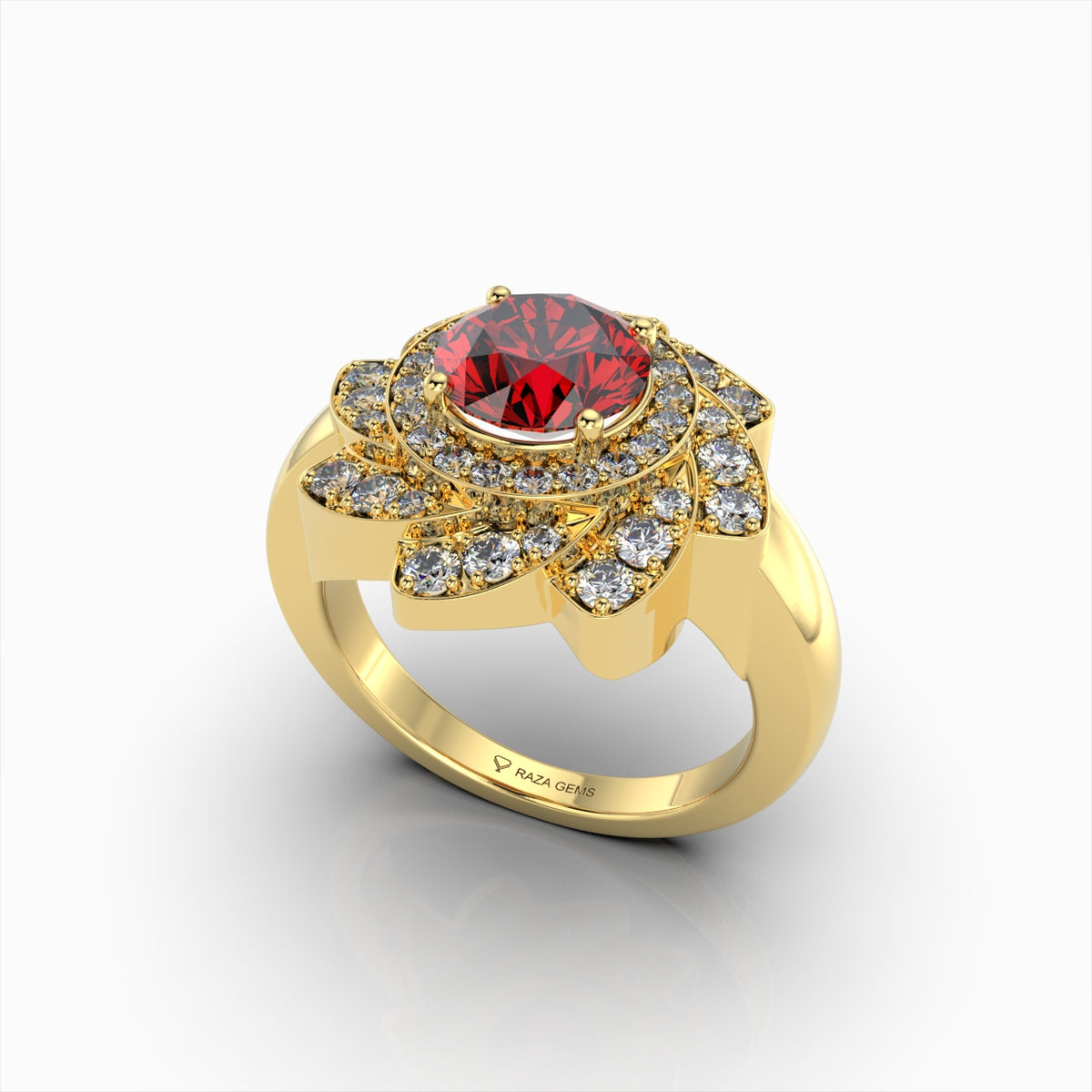 Rosie - 18K Gold Floral Lotus Ruby Ring with Moissanite Halo | Available in Yellow, White & Rose Gold