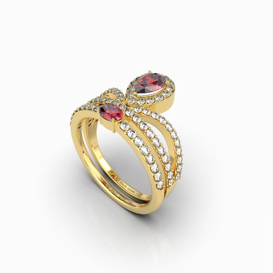 Hattie - Double Focus Pear Ruby Statement Ring in 18K Gold