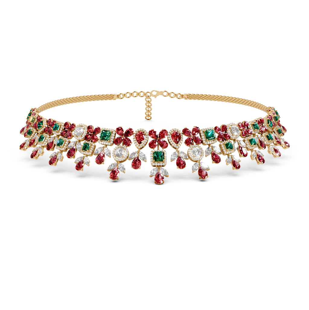 Natural Emerald, Ruby and Diamond Necklace in Gold