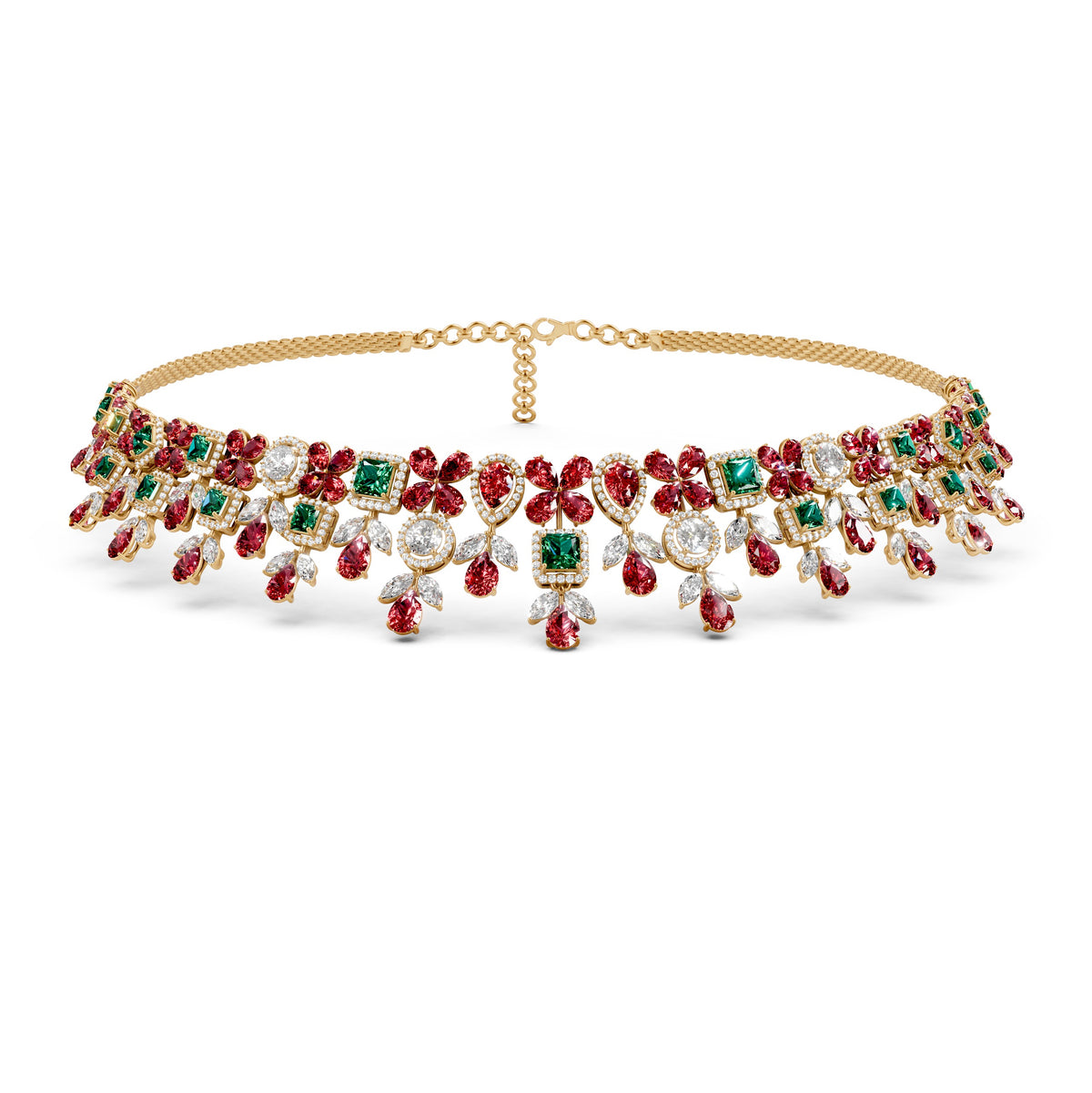 Natural Emerald, Ruby and Diamond Necklace in Gold