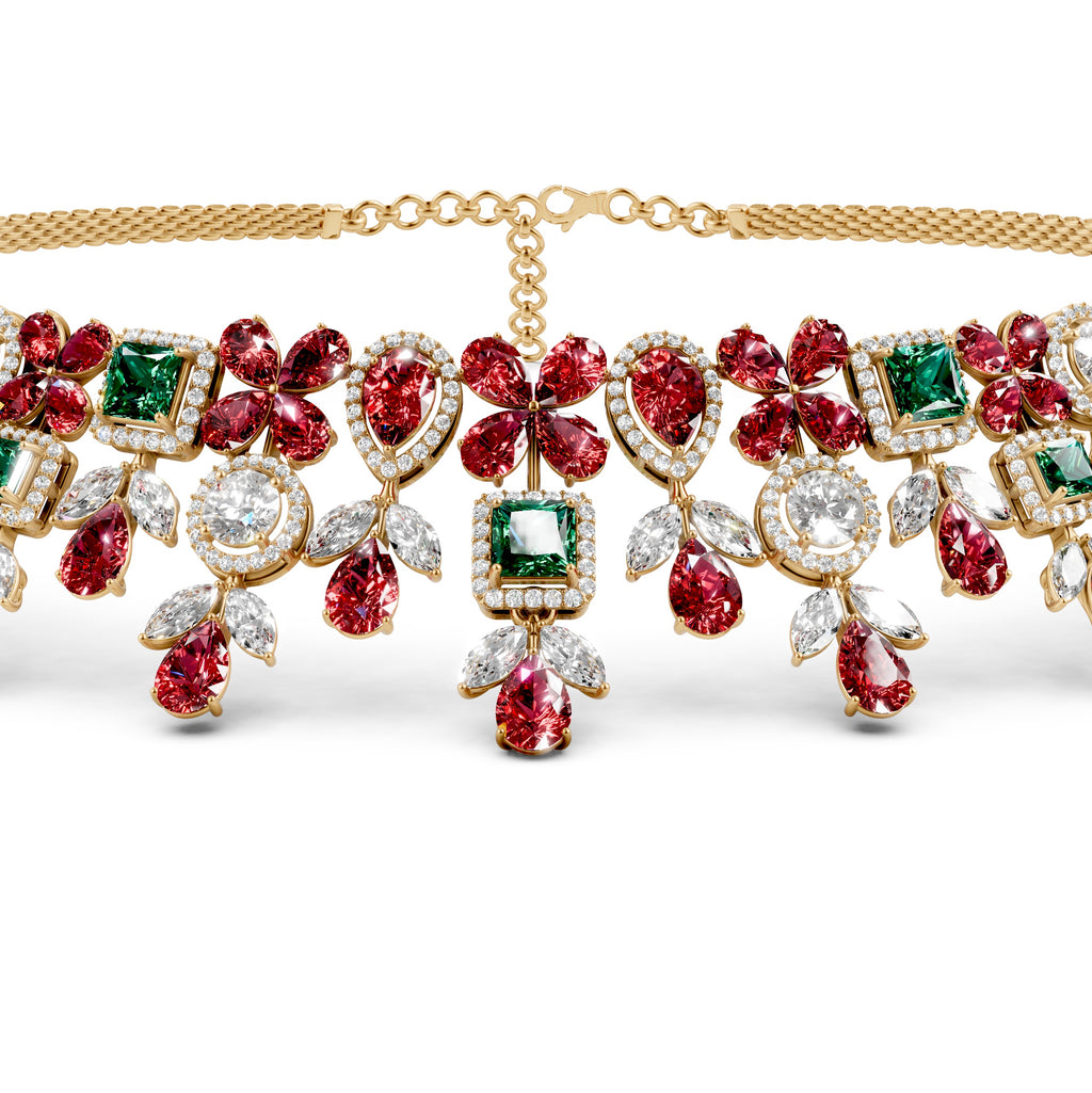 Natural Emerald, Ruby and Diamond Necklace in Gold